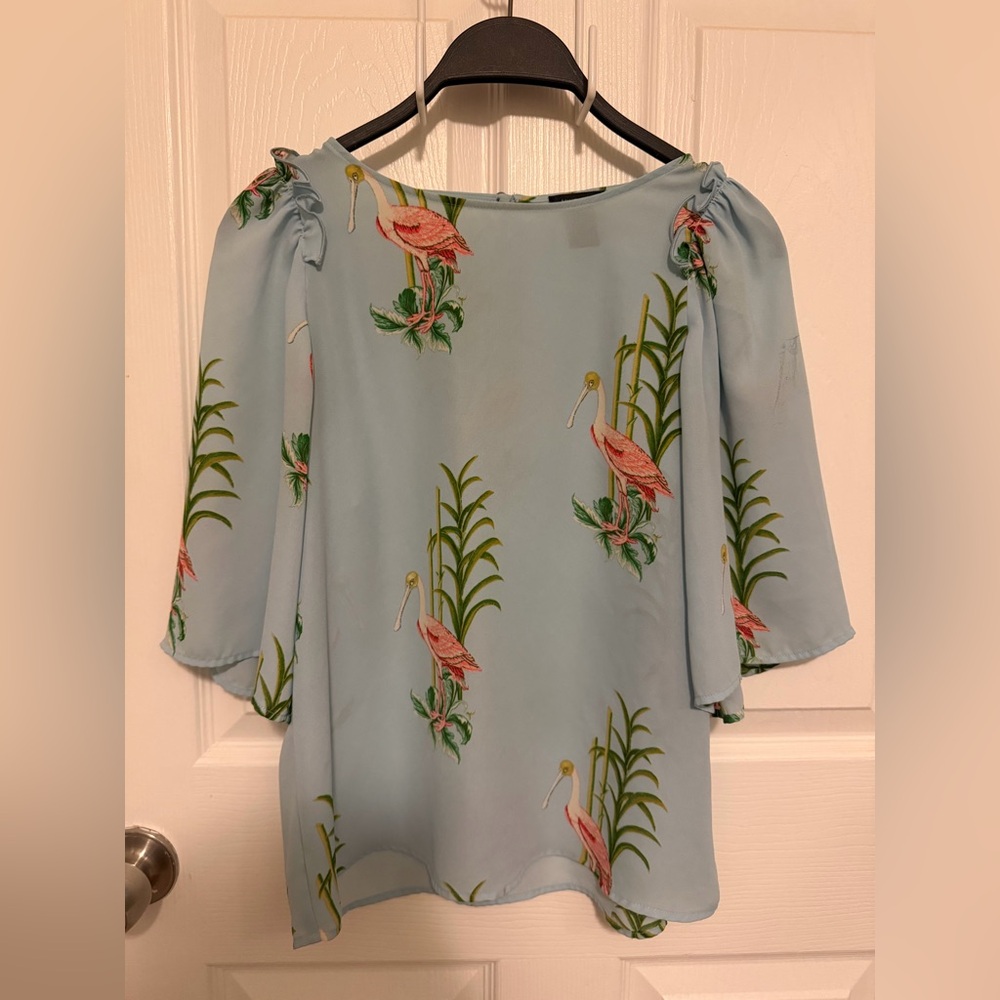 Ann Taylor Light Blue Pelican Print Blouse